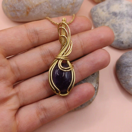 Prisha - Amethyst Necklace In Brass 001 By Sanguine Aura Handcrafted Jewellery. Healing Benefits Of Amethyst -  eases stress, promotes sleep, and brings clarity.