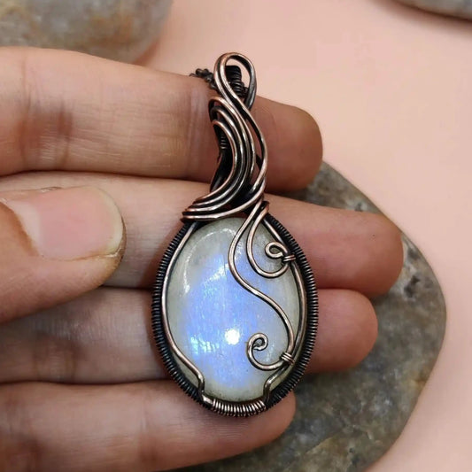Prisha 001 belomorite moonstone copper necklace designed by sanguine aura handcrafted crystal jewellery