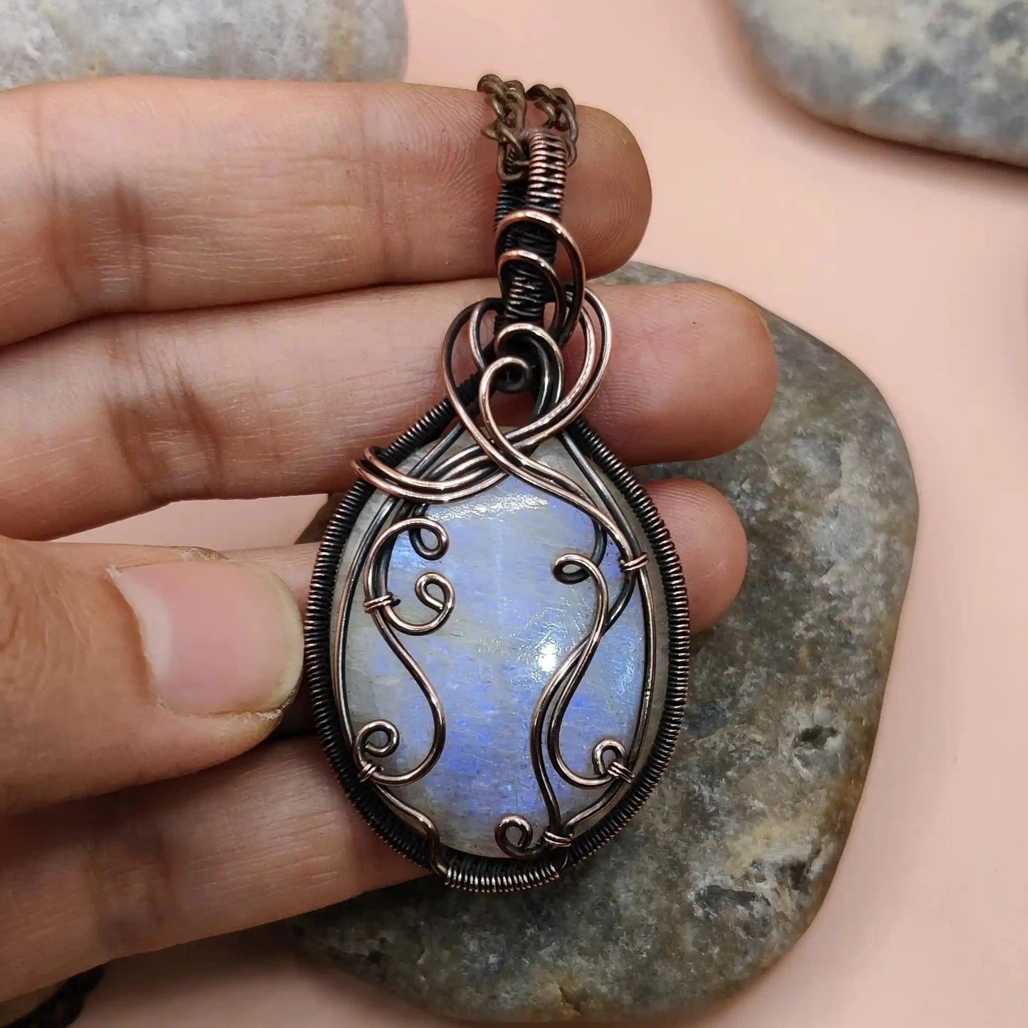 Prisha 002 belomorite moonstone copper necklace designed by sanguine aura handcrafted jewellery
