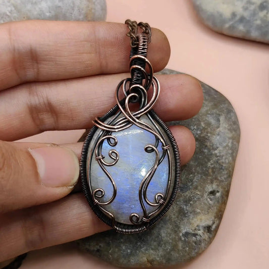 Prisha 002 belomorite moonstone copper necklace designed by sanguine aura handcrafted jewellery