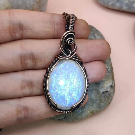 Runi 001 belomorite moonstone copper pendant dewsigned by sanguine aura handcrafted crystal jewellery