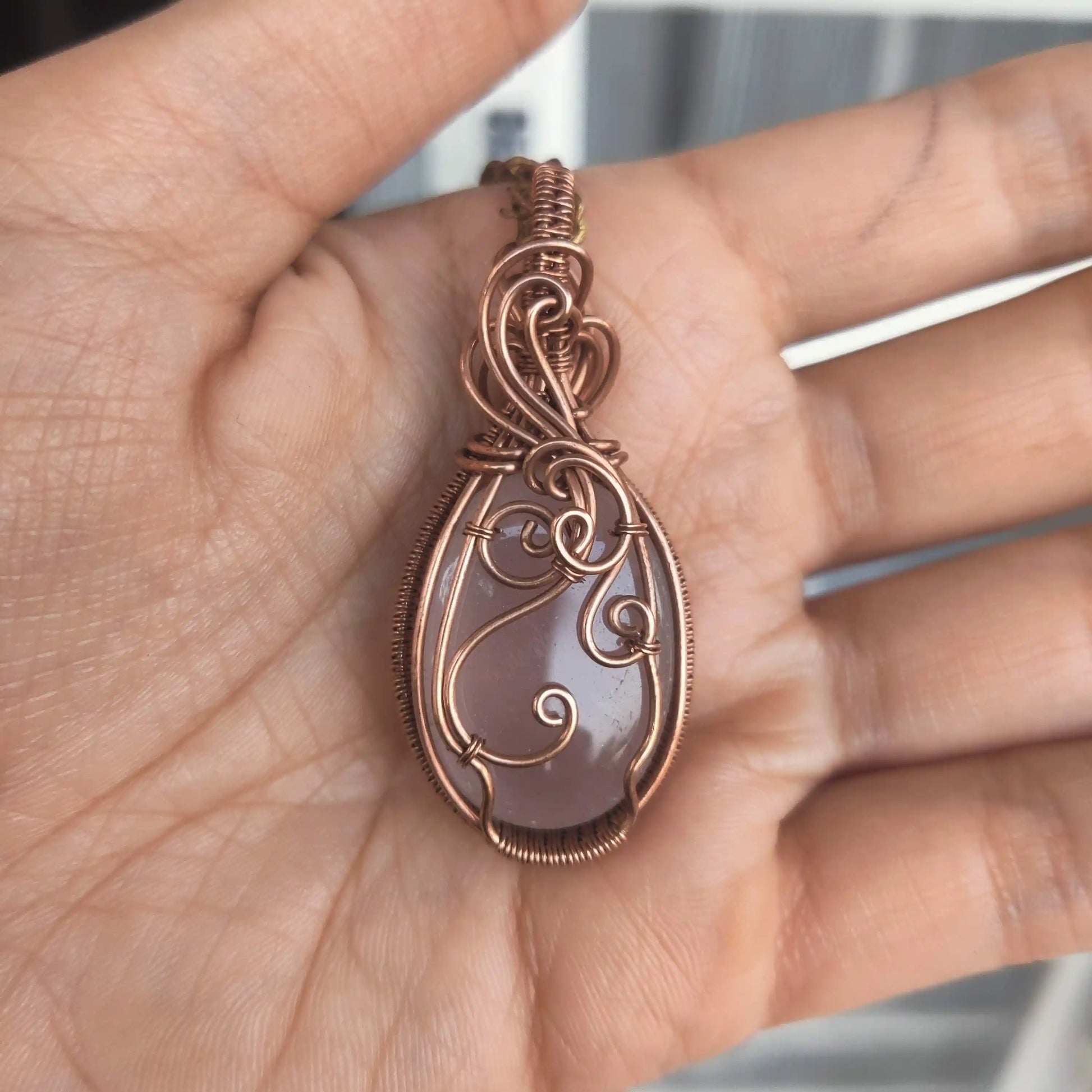 Runi 005 rose quartz copper necklace back side handmade by sanguine aura handcrafted jewellery