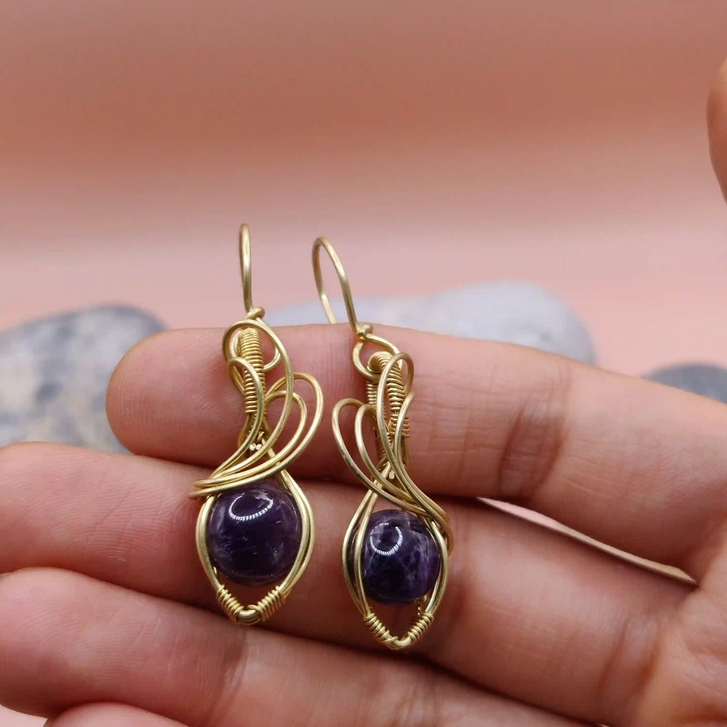 Tanvi - Amethyst Earrings In Brass 001 By Sanguine Aura Handcrafted Jewellery. Healing Benefits Of Amethyst - eases stress, promotes sleep, and brings clarity.