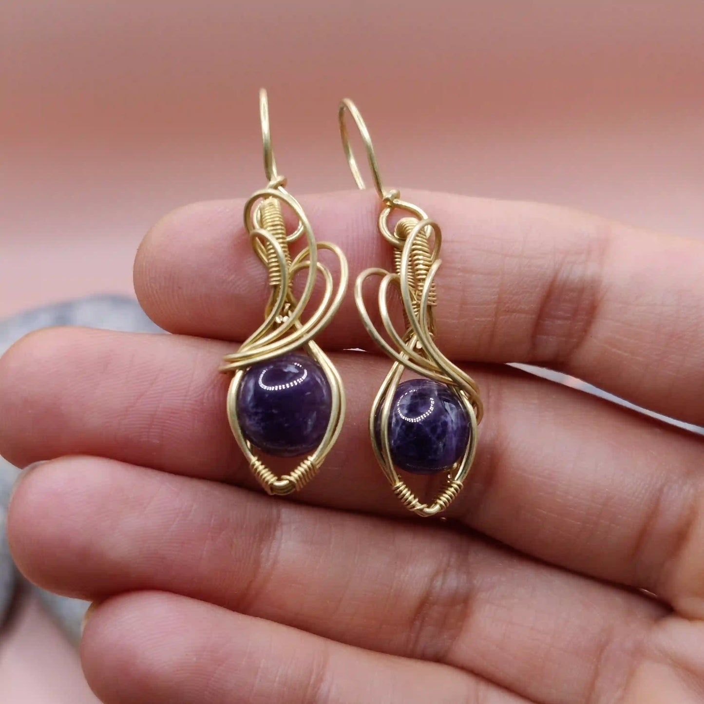 Tanvi - Amethyst Earrings In Brass 001 SA1 By Sanguine Aura Handcrafted Jewellery