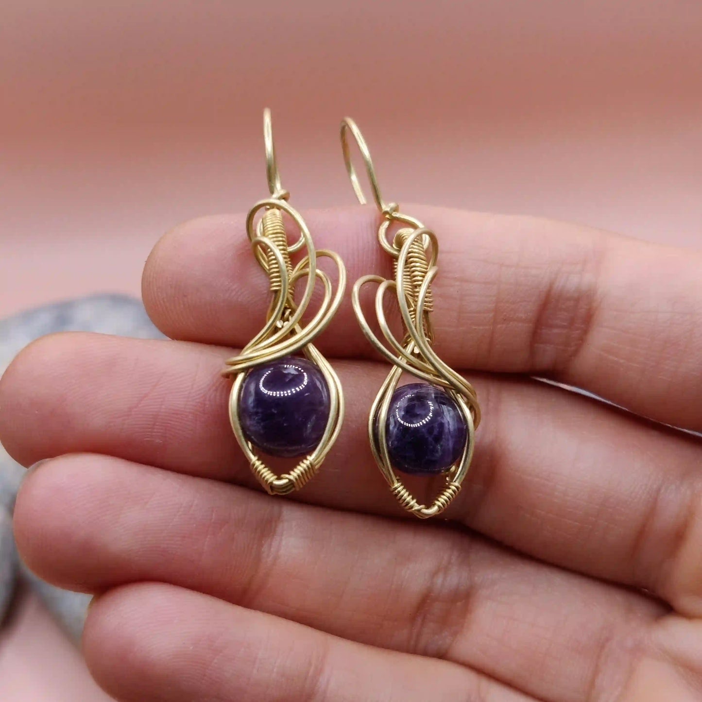 Tanvi - Amethyst Earrings In Brass 001 SA2 By Sanguine Aura Handcrafted Jewellery
