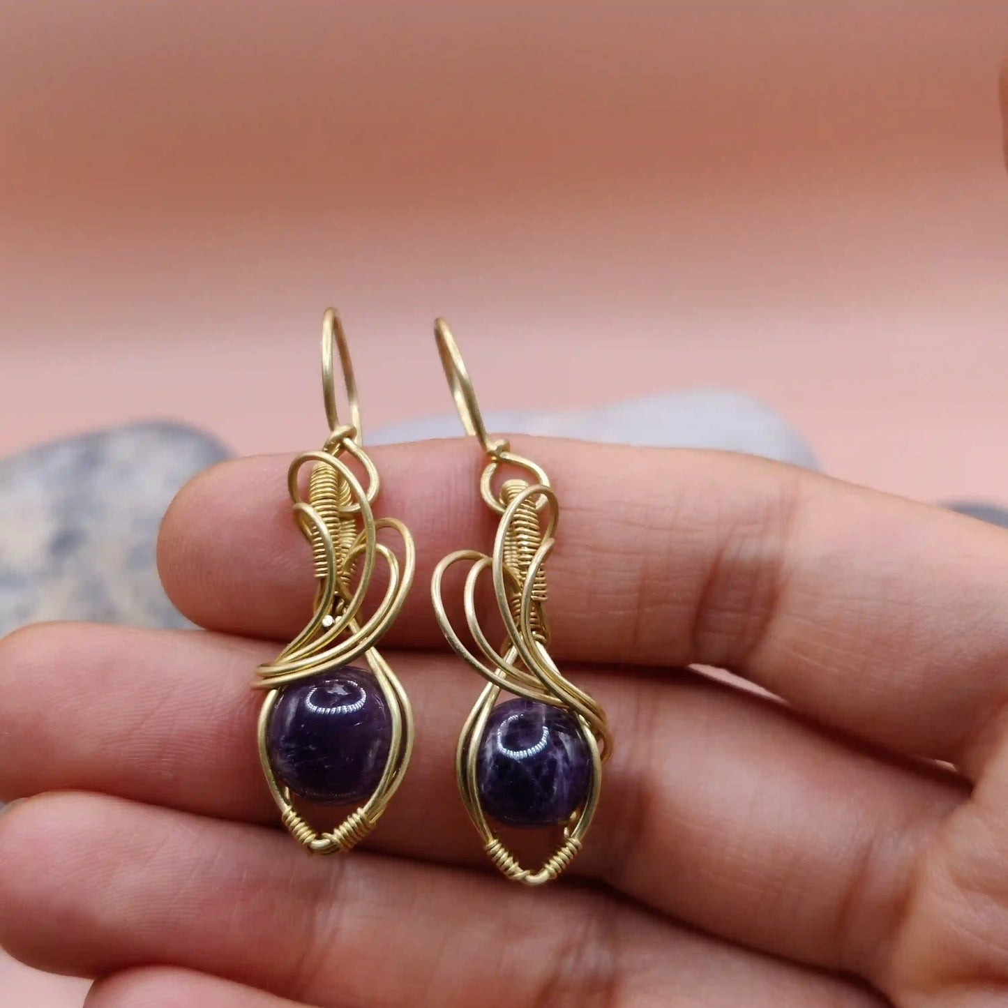 Tanvi - Amethyst Earrings In Brass 001 SA3 By Sanguine Aura Handcrafted Jewellery