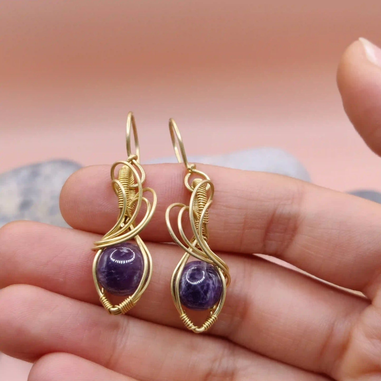 Tanvi - Amethyst Earrings In Brass 001 SA4 By Sanguine Aura Handcrafted Jewellery