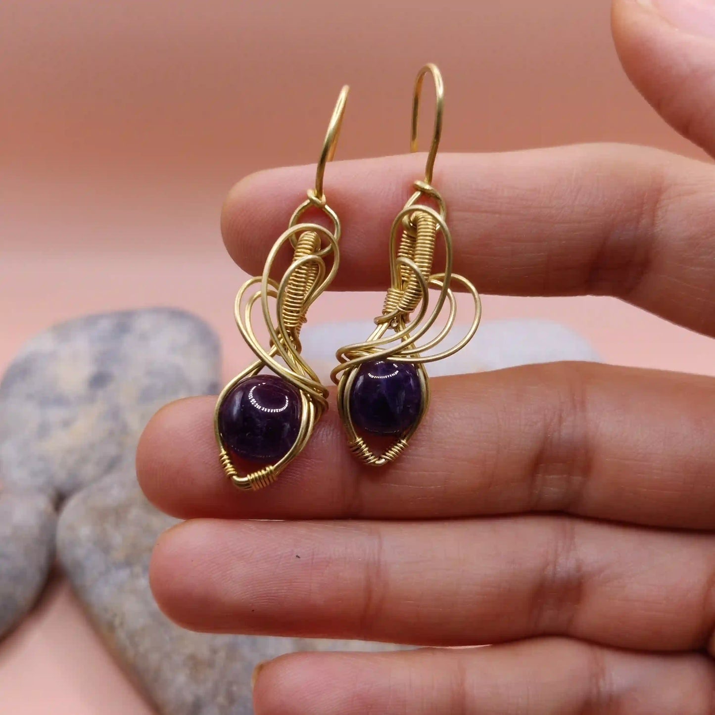 Tanvi - Amethyst Earrings In Brass 001 SA5 By Sanguine Aura Handcrafted Jewellery