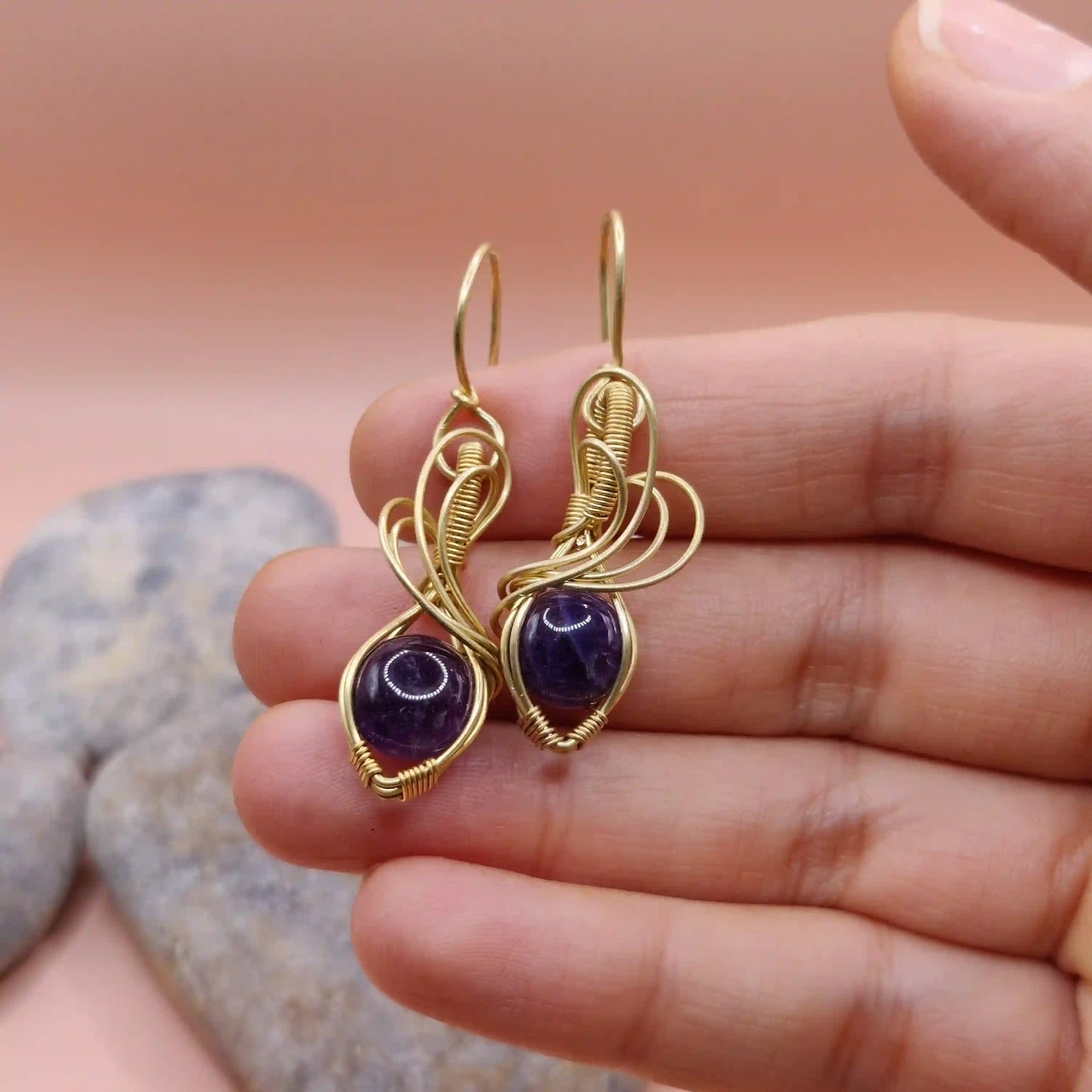Tanvi - Amethyst Earrings In Brass 001 SA6 By Sanguine Aura Handcrafted Jewellery