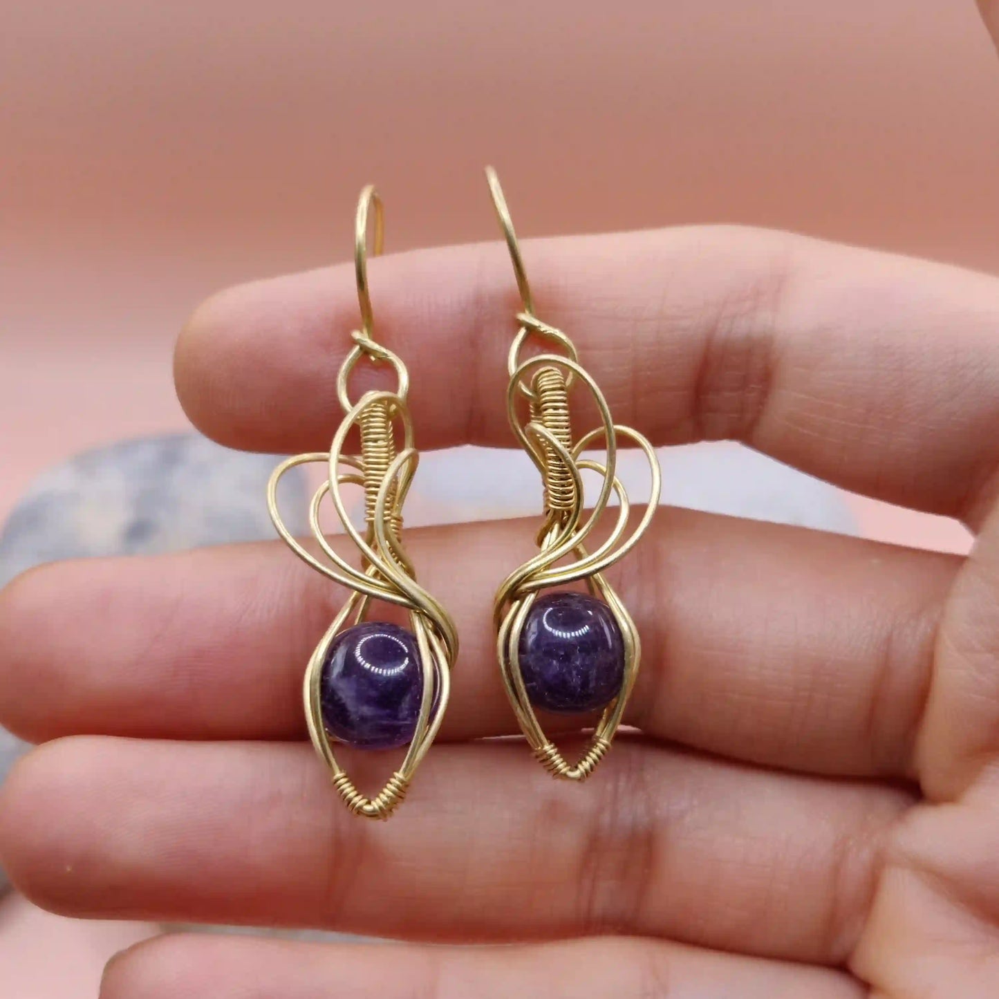 Tanvi - Amethyst Earrings In Brass 001 SA7 By Sanguine Aura Handcrafted Jewellery