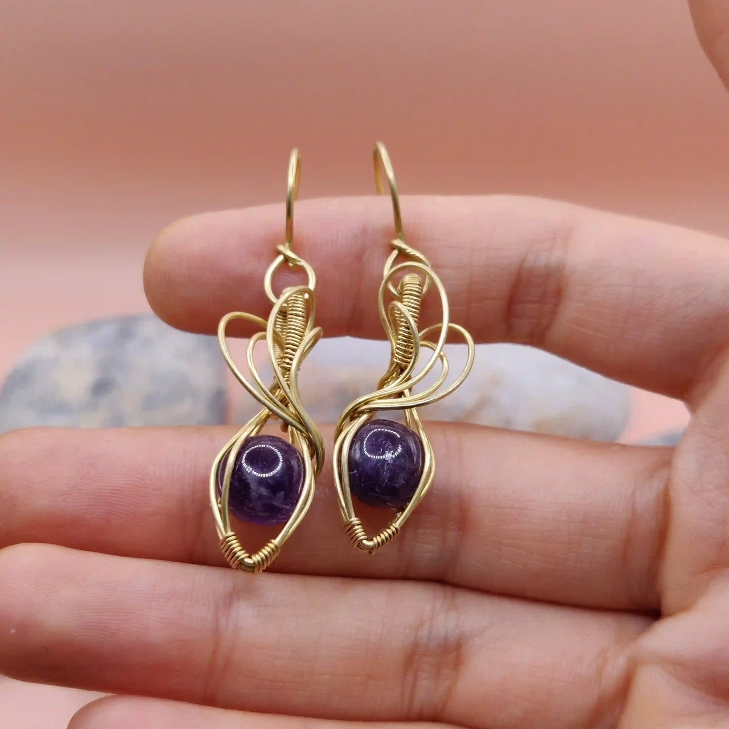 Tanvi - Amethyst Earrings In Brass 001 SA8 By Sanguine Aura Handcrafted Jewellery