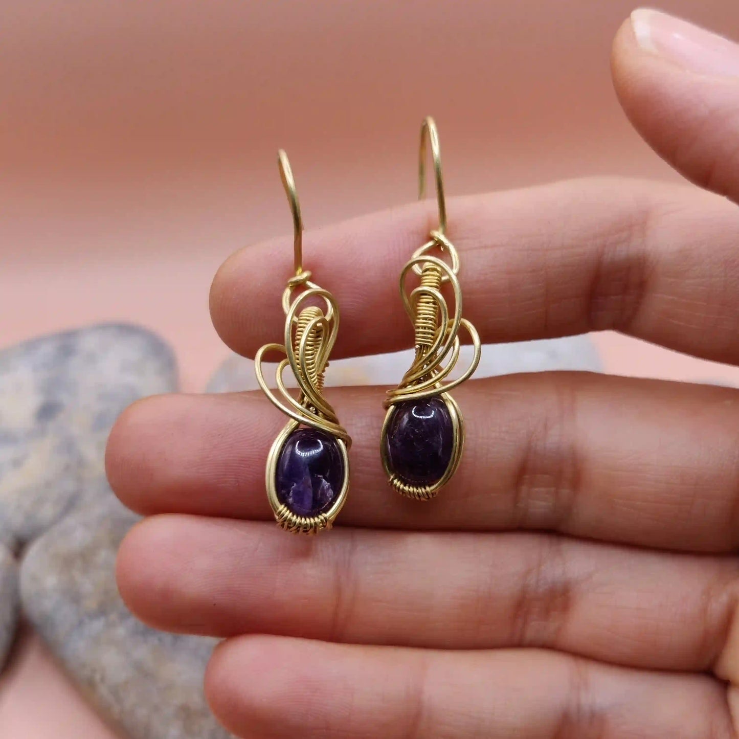 Tanvi - Amethyst Earrings In Brass 002 By Sanguine Aura Handcrafted Jewellery. Healing Benefits Of Amethyst - eases stress, promotes sleep, and brings clarity.