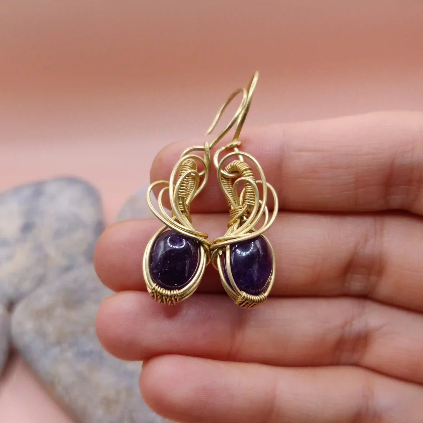 Tanvi - Amethyst Earrings In Brass 002 SA3 By Sanguine Aura Handcrafted Jewellery