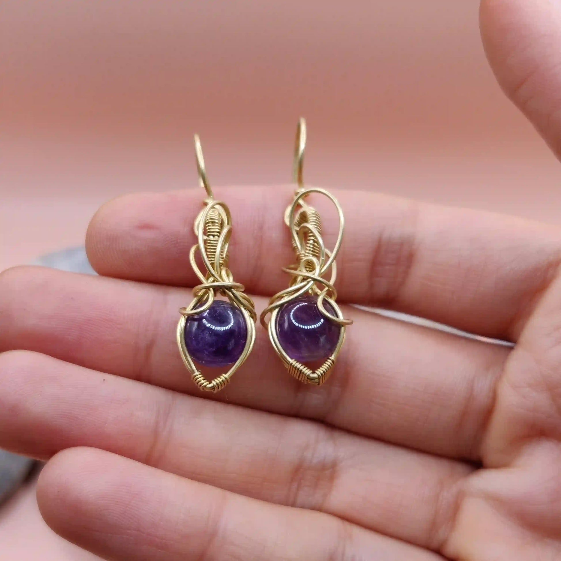 Tanvi - Amethyst Earrings In Brass 003 SA2 By Sanguine Aura Handcrafted Jewellery