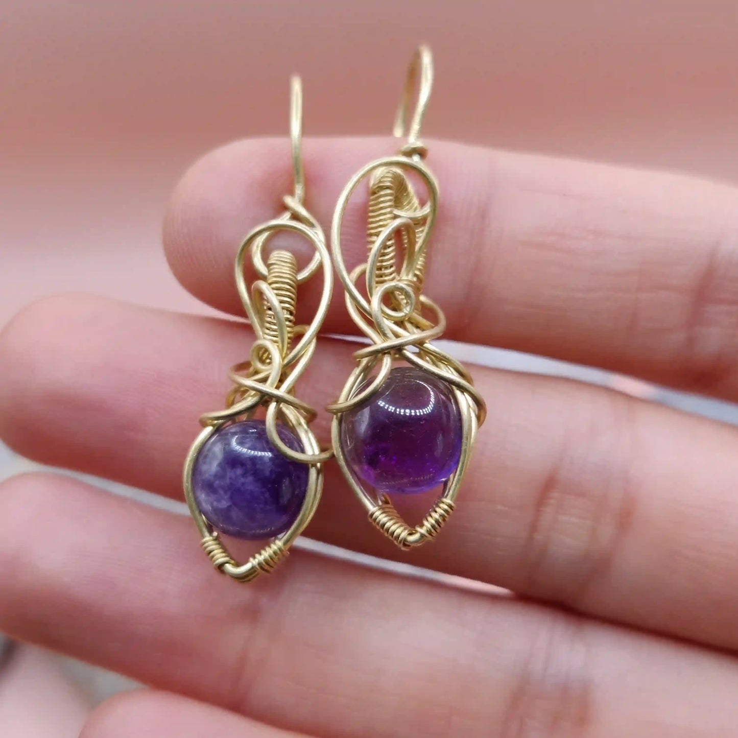 Tanvi - Amethyst Earrings In Brass 003 SA3 By Sanguine Aura Handcrafted Jewellery