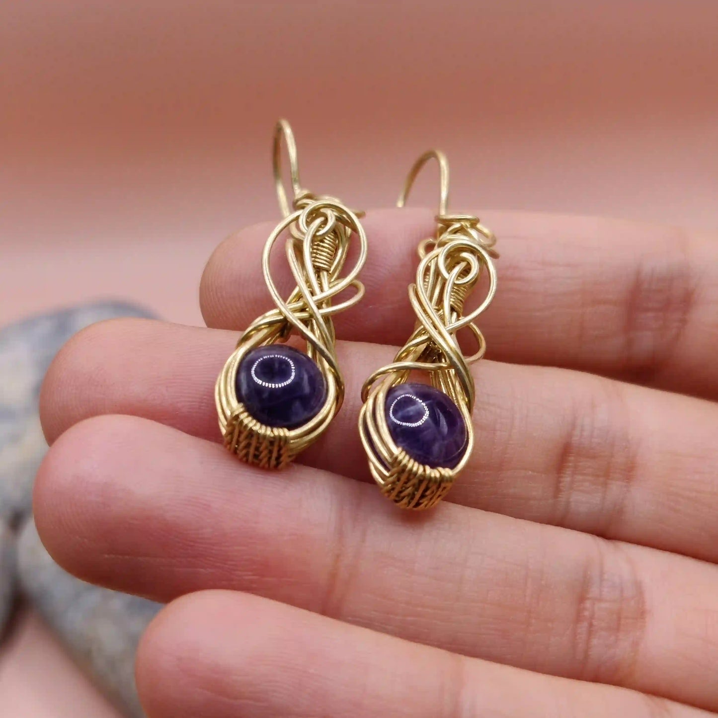 Tanvi - Amethyst Earrings In Brass 004 SA2 By Sanguine Aura Handcrafted Jewellery