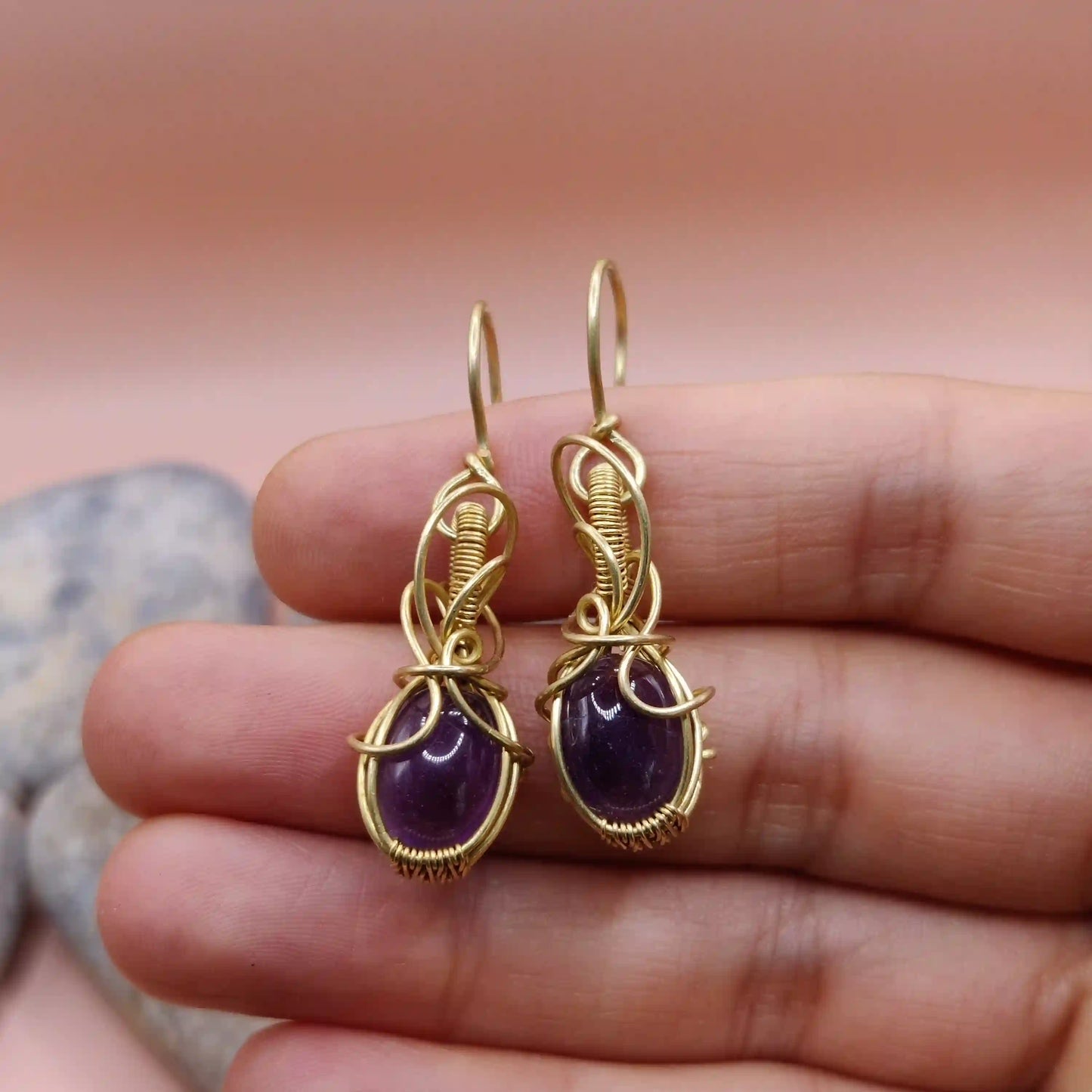 Tanvi - Amethyst Earrings In Brass 005 By Sanguine Aura Handcrafted Jewellery. Healing Benefits Of Amethyst - eases stress, promotes sleep, and brings clarity.