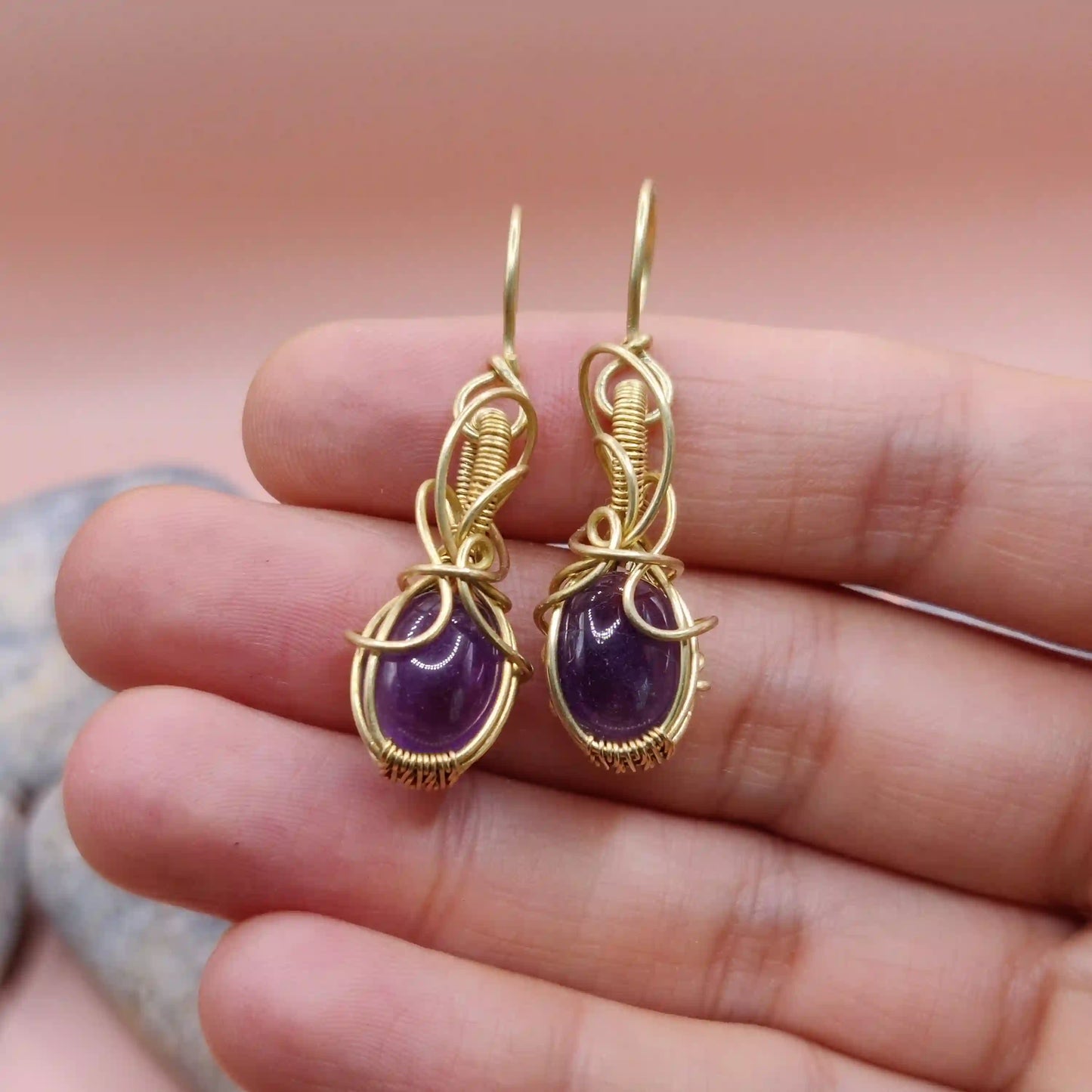 Tanvi - Amethyst Earrings In Brass 005 SA1 By Sanguine Aura Handcrafted Jewellery