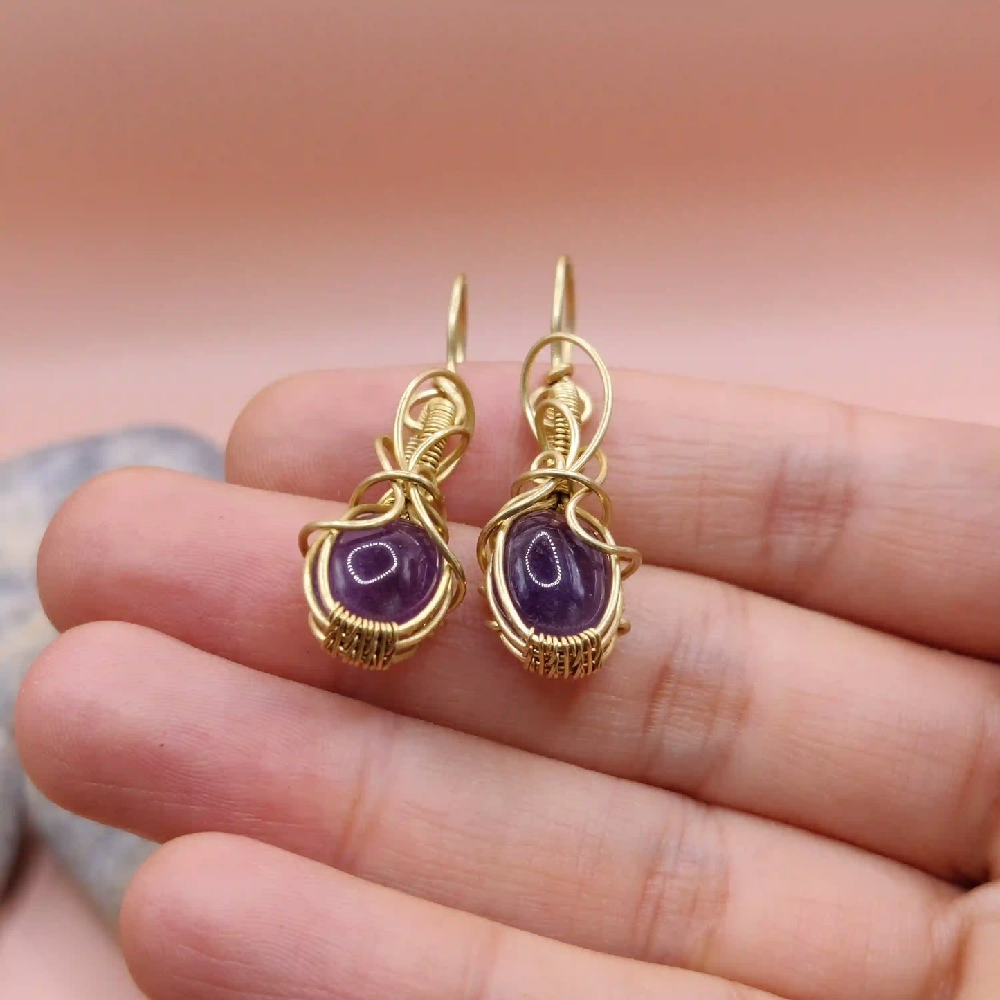 Tanvi - Amethyst Earrings In Brass 005 SA2 By Sanguine Aura Handcrafted Jewellery