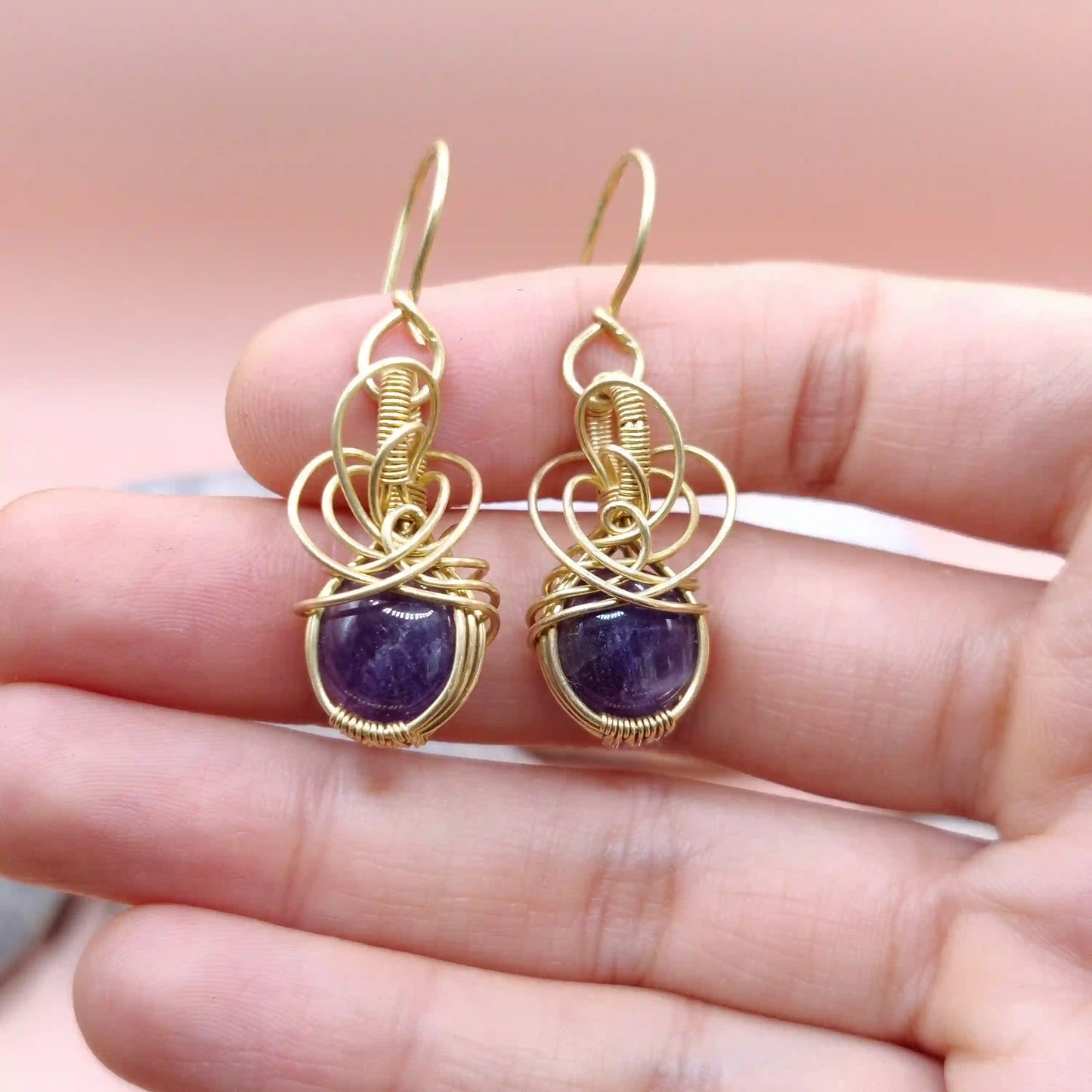 Tanvi - Amethyst Earrings In Brass 006 By Sanguine Aura Handcrafted Jewellery. Healing Benefits Of Amethyst - eases stress, promotes sleep, and brings clarity.