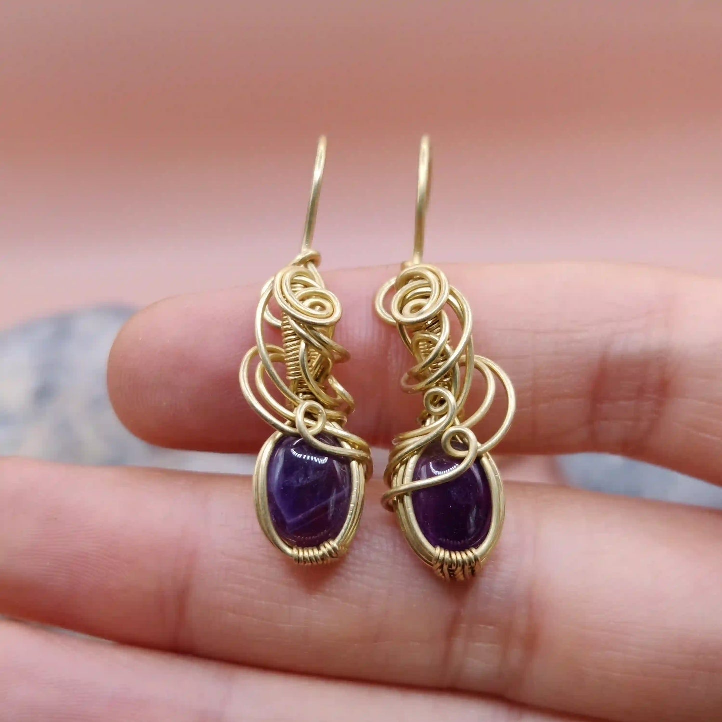 Tanvi - Amethyst Earrings In Brass 007 By Sanguine Aura Handcrafted Jewellery. Healing Benefits Of Amethyst - eases stress, promotes sleep, and brings clarity.