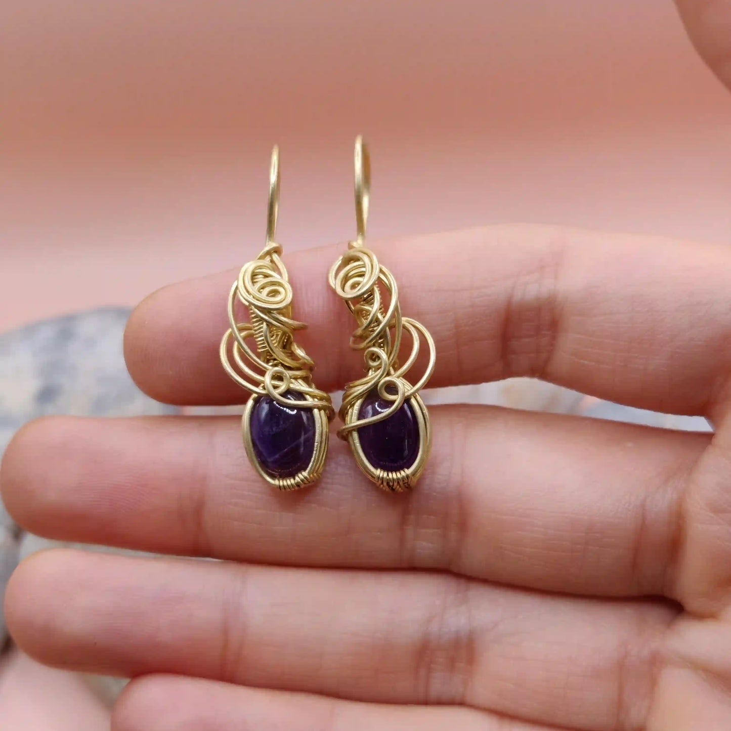 Tanvi - Amethyst Earrings In Brass 007 SA1 By Sanguine Aura Handcrafted Jewellery