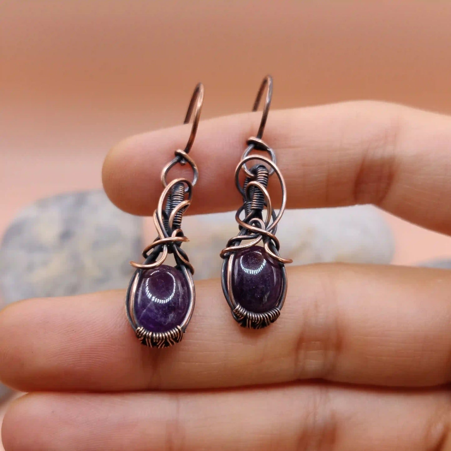 Tanvi - Amethyst Earrings In Copper 003 By Sanguine Aura Handcrafted Jewellery. Healing Benefits Of Amethyst - eases stress, promotes sleep, and brings clarity.