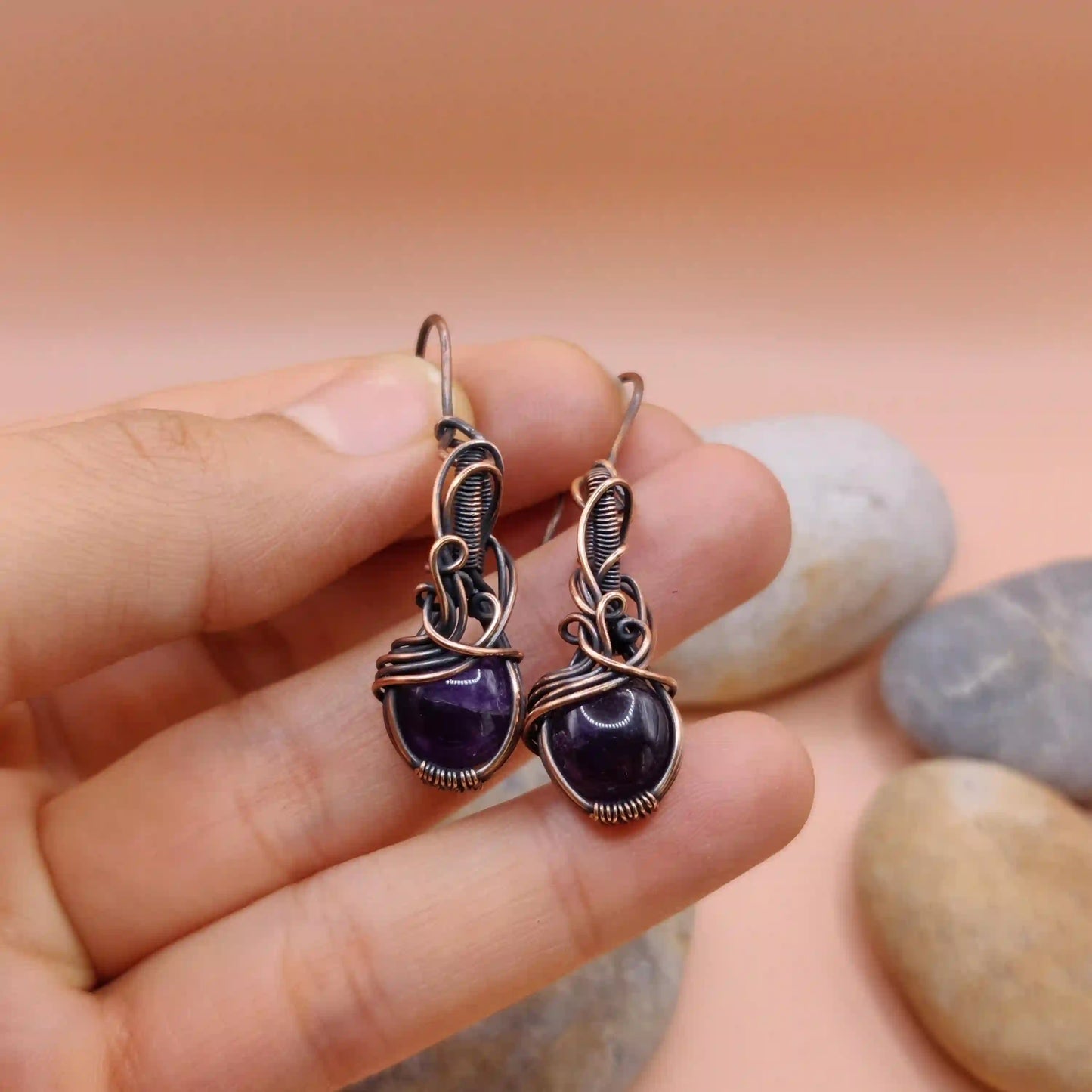 Tanvi - Amethyst Earrings In Copper 004 By Sanguine Aura Handcrafted Jewellery. Healing Benefits Of Amethyst - eases stress, promotes sleep, and brings clarity.