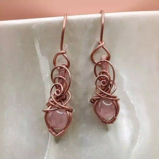 Tanvi_Rose_Quartz_Copper_Earrings By Sanguine Aura Handcrafted Jewellery