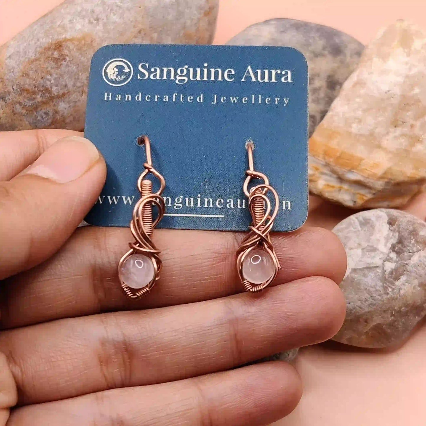 Tanvi_Rose_Quartz_Copper_Earrings_SA1 By Sanguine Aura Handcrafted Jewellery