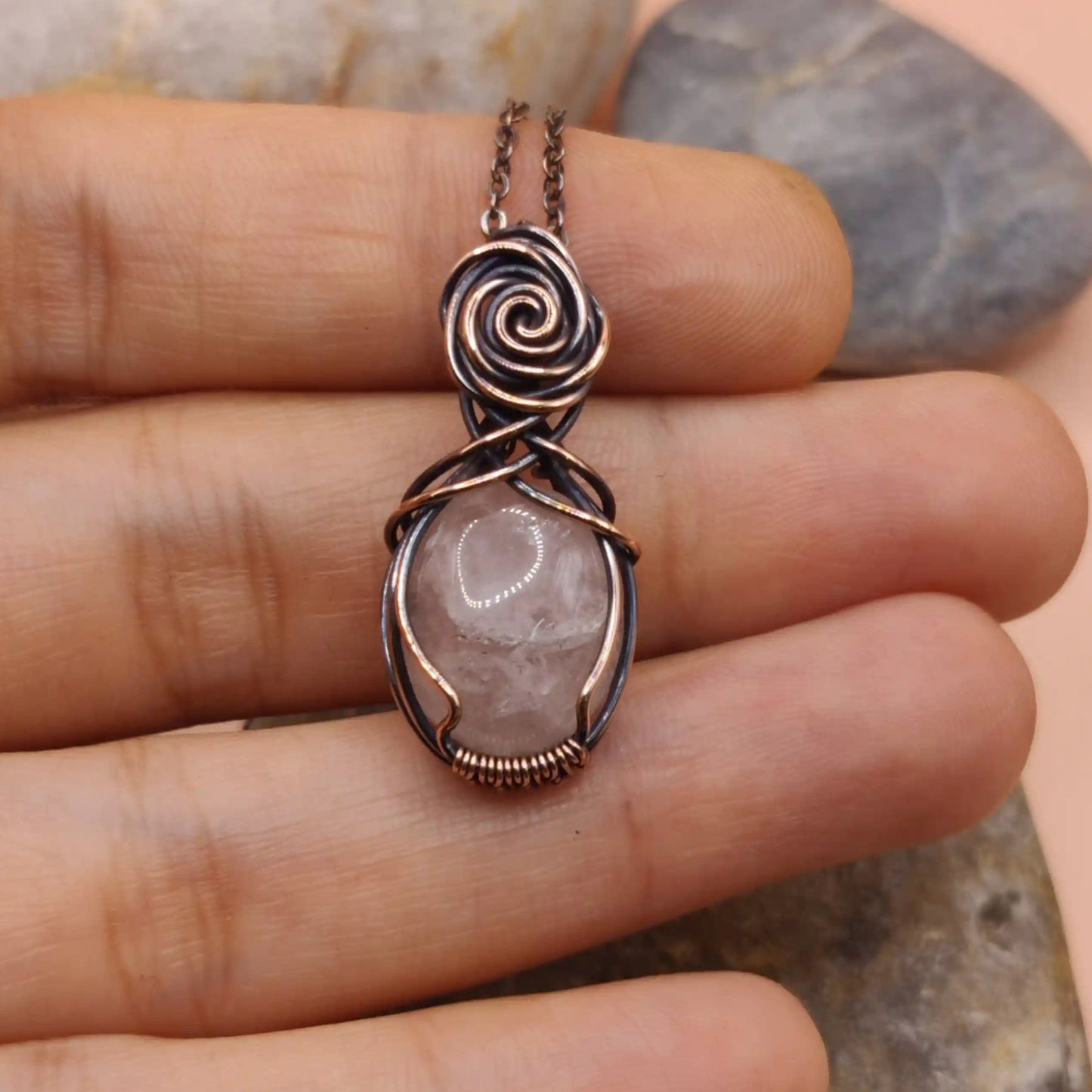 Tanvi Rose Quartz Pendant in oxidized copper 001 made by sanguine aura handcrafted jewellery