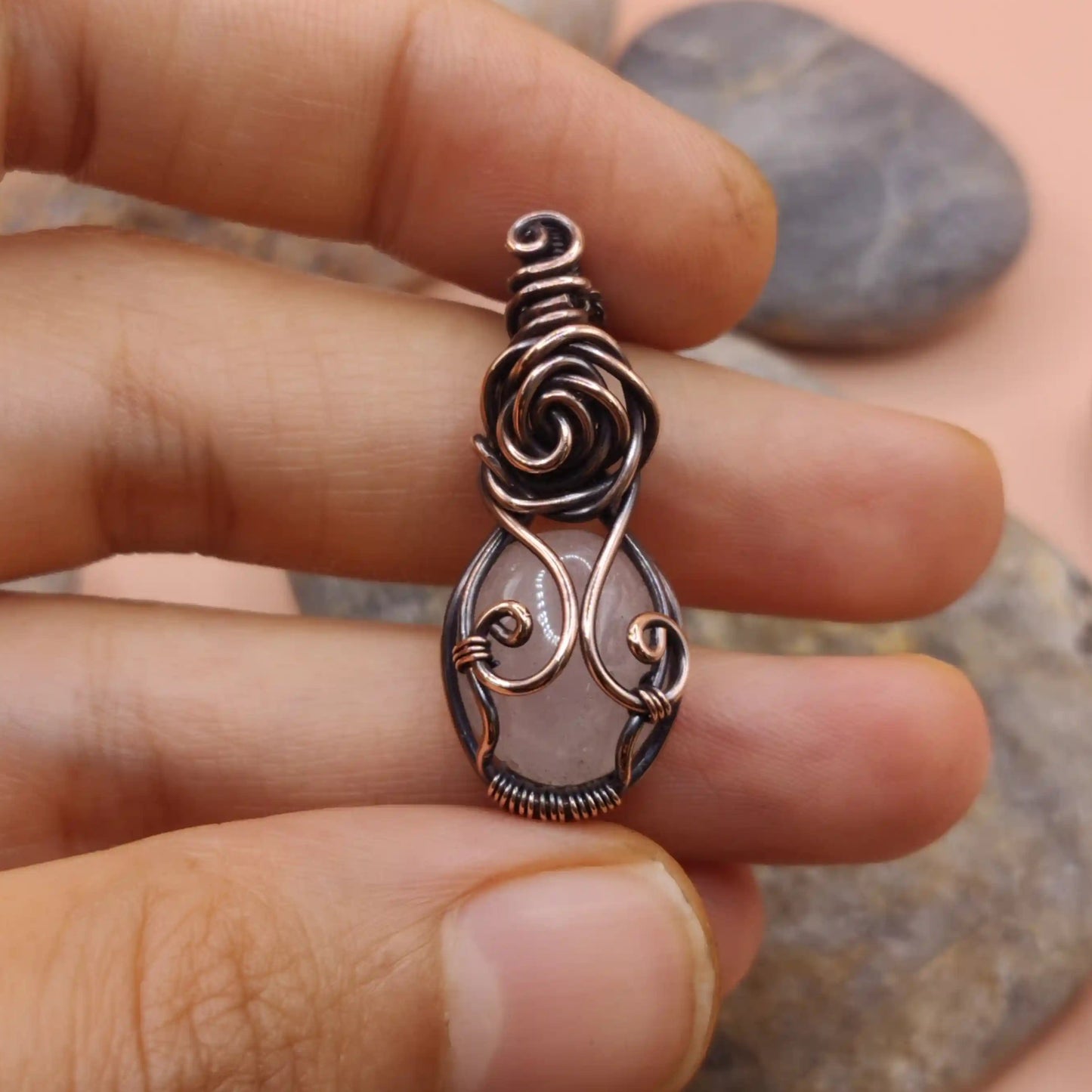 Tanvi rose quartz pendant made with antiqued copper 002 made by sanguine aura handcrafted jewellery, India