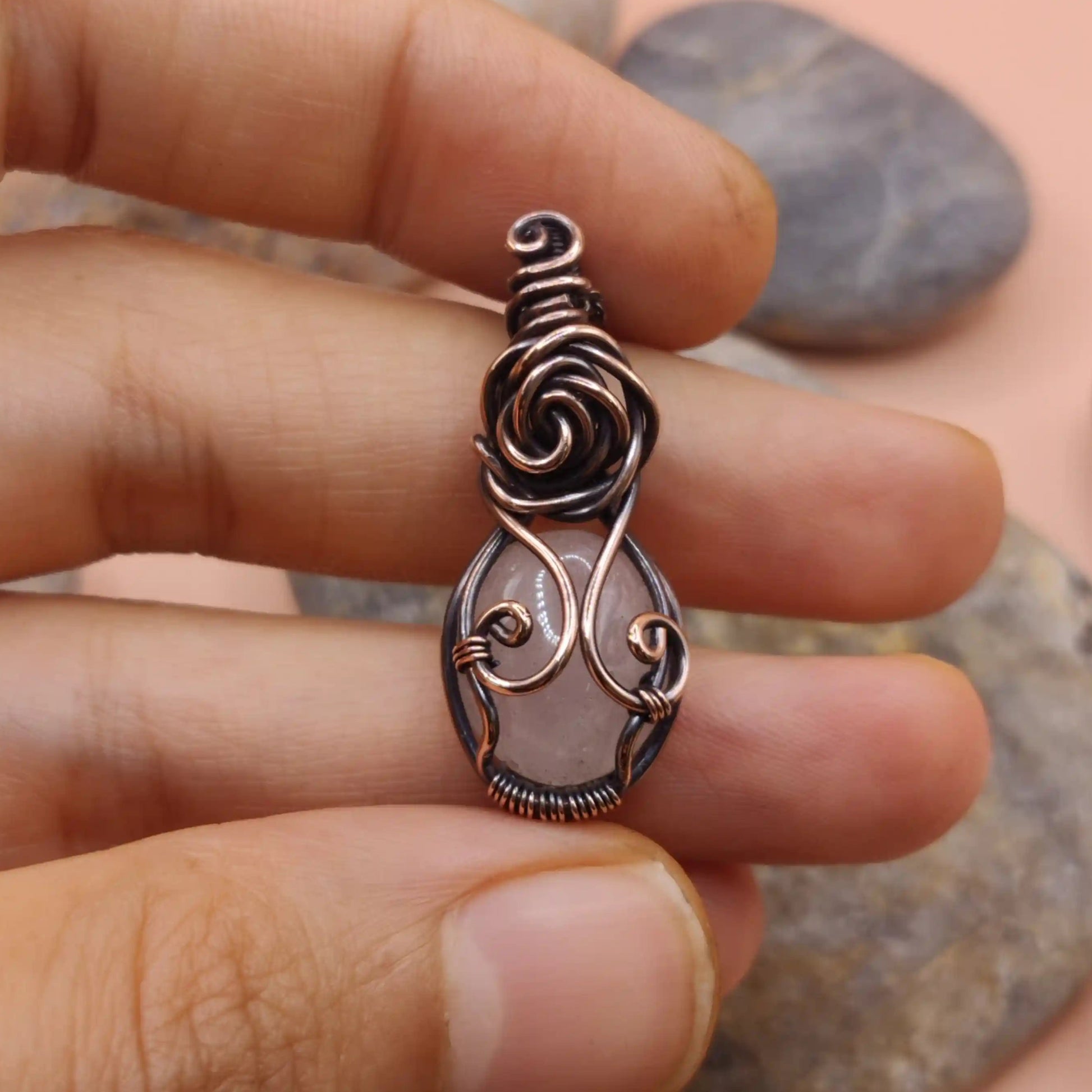 Tanvi rose quartz pendant made with antiqued copper 002 made by sanguine aura handcrafted jewellery, India