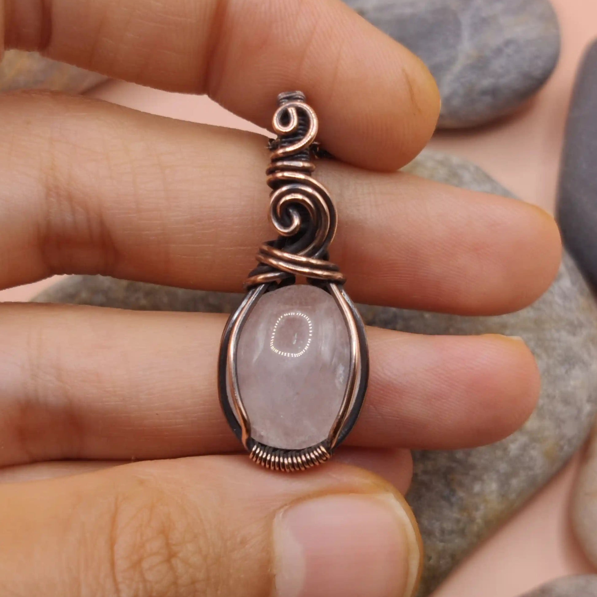 Tanvi rose quartz pendant made with antiqued copper 004 made by sanguine aura handcrafted jewellery, India