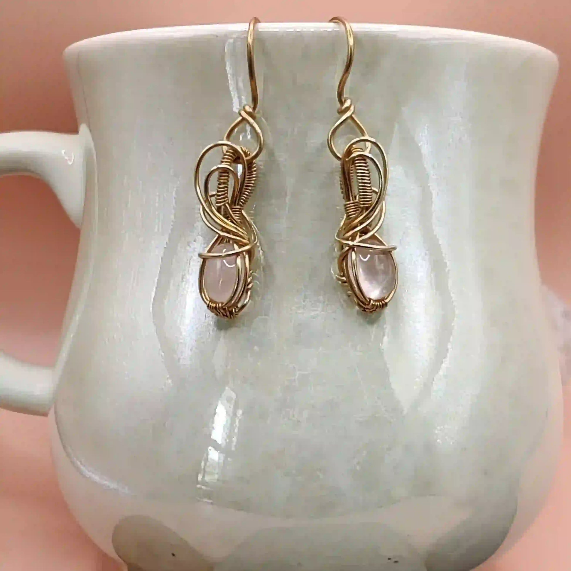 Tanvi - Rose Quartz Earrings in Brass By Sanguine Aura Handcrafted Jewellery