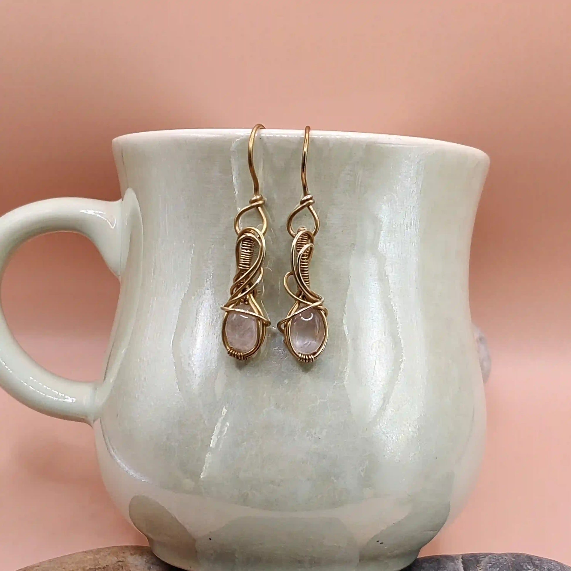Tanvi - Rose Quartz Earrings in Brass SA10 By Sanguine Aura Handcrafted Jewellery