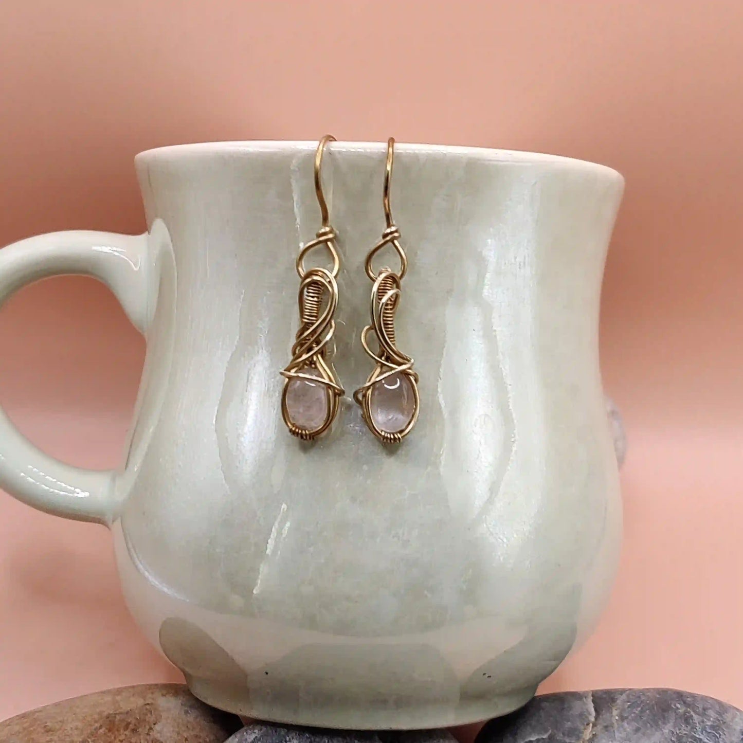 Tanvi - Rose Quartz Earrings in Brass SA11 By Sanguine Aura Handcrafted Jewellery