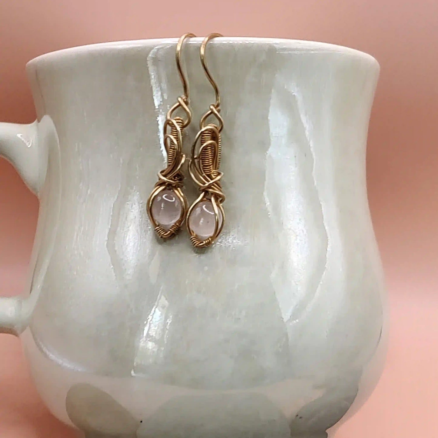 Tanvi - Rose Quartz Earrings in Brass SA2 By Sanguine Aura Handcrafted Jewellery