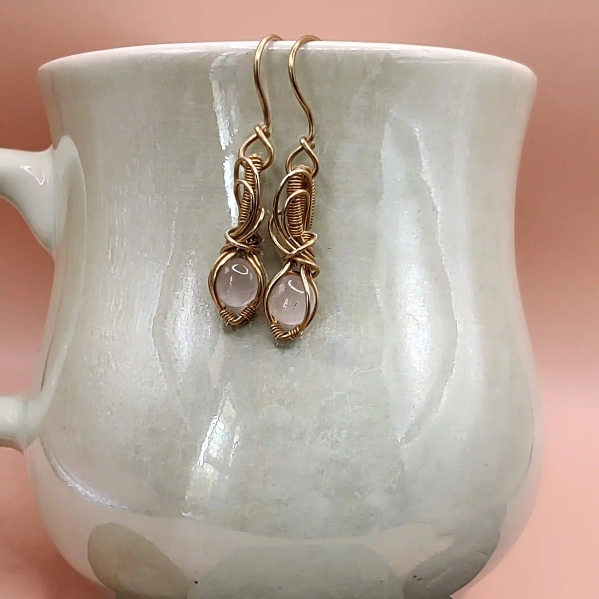 Tanvi - Rose Quartz Earrings in Brass SA3 By Sanguine Aura Handcrafted Jewellery