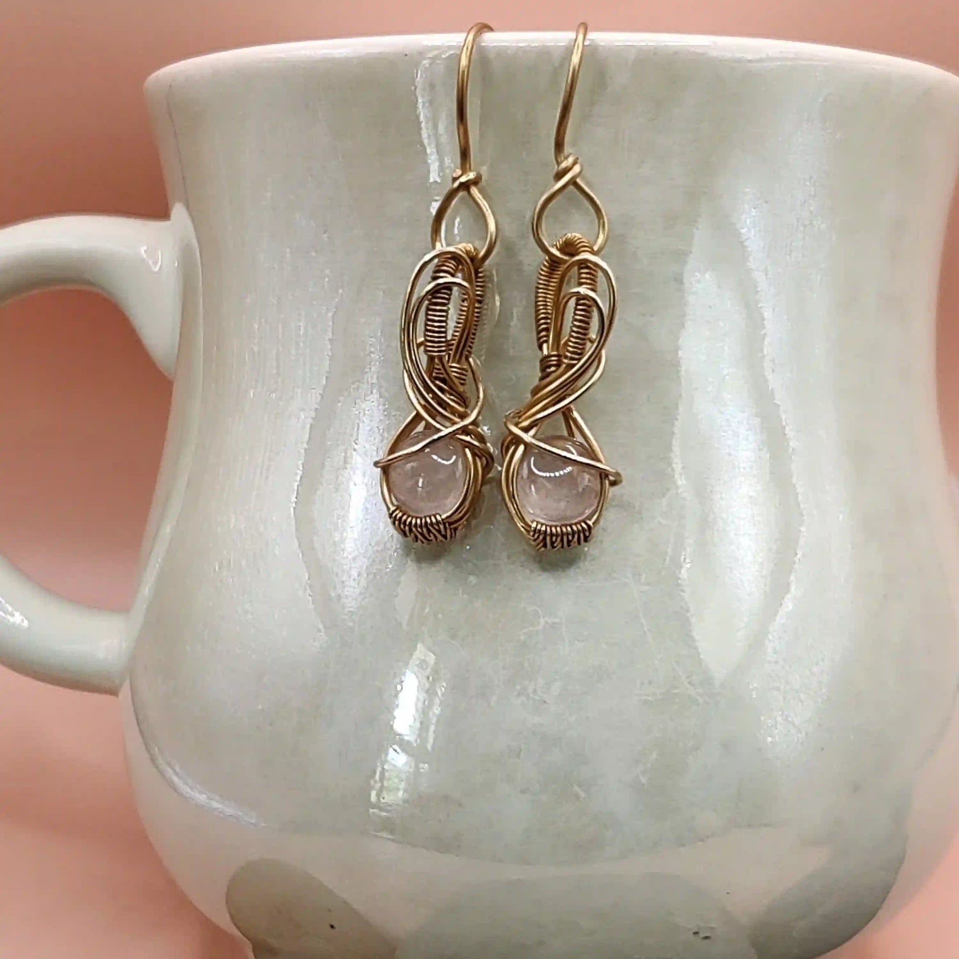 Tanvi - Rose Quartz Earrings in Brass SA5 By Sanguine Aura Handcrafted Jewellery
