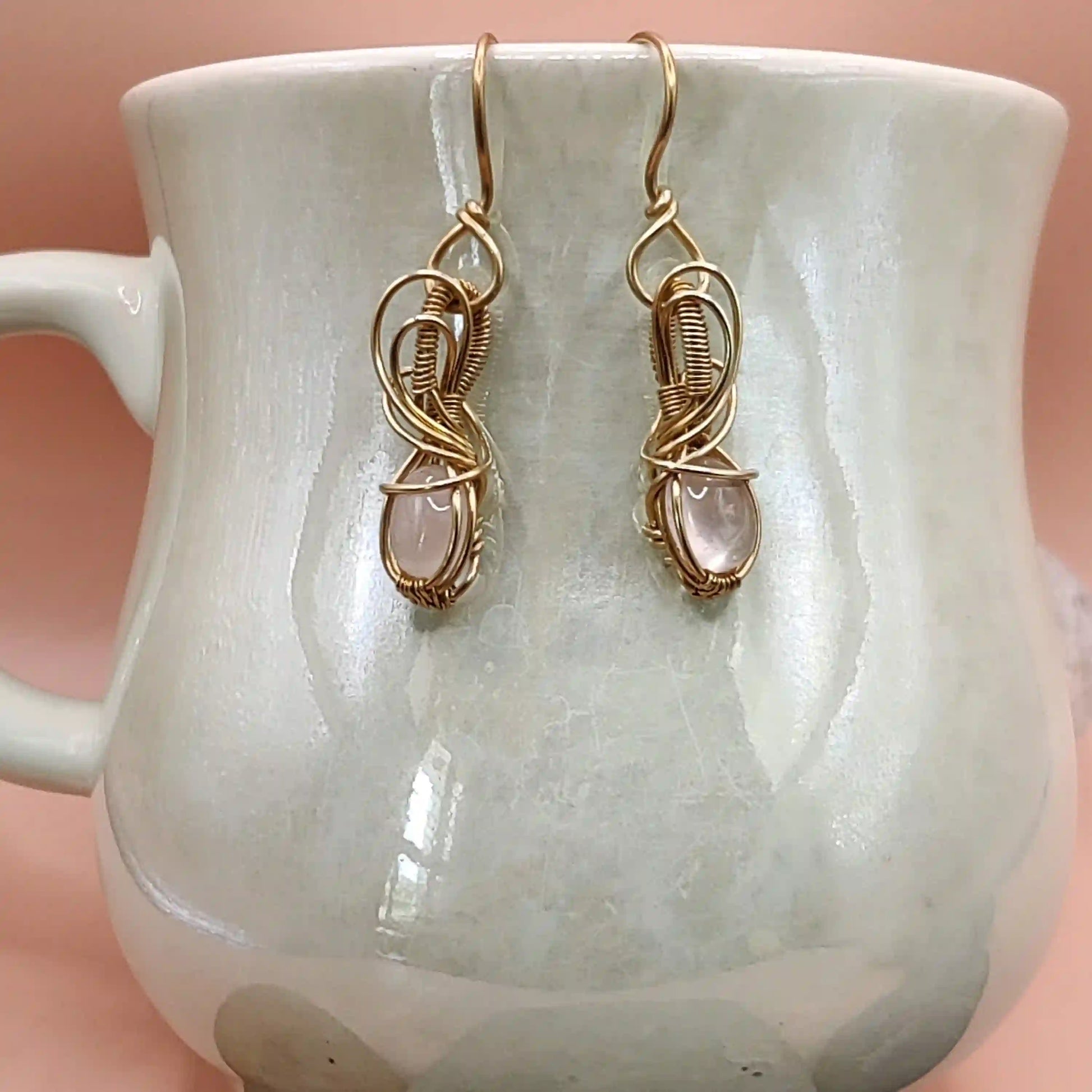 Tanvi - Rose Quartz Earrings in Brass SA6 By Sanguine Aura Handcrafted Jewellery