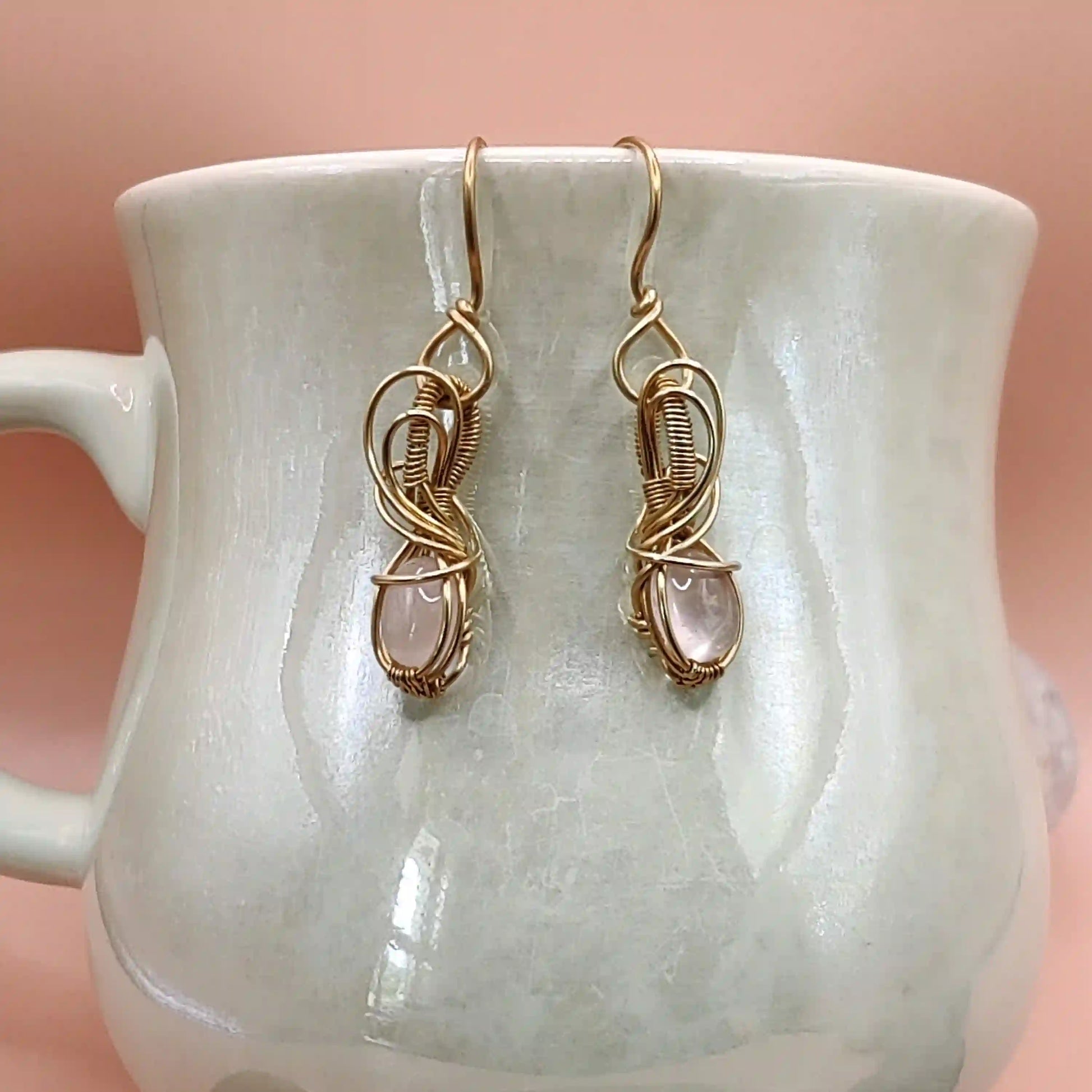 Tanvi - Rose Quartz Earrings in Brass SA7 By Sanguine Aura Handcrafted Jewellery