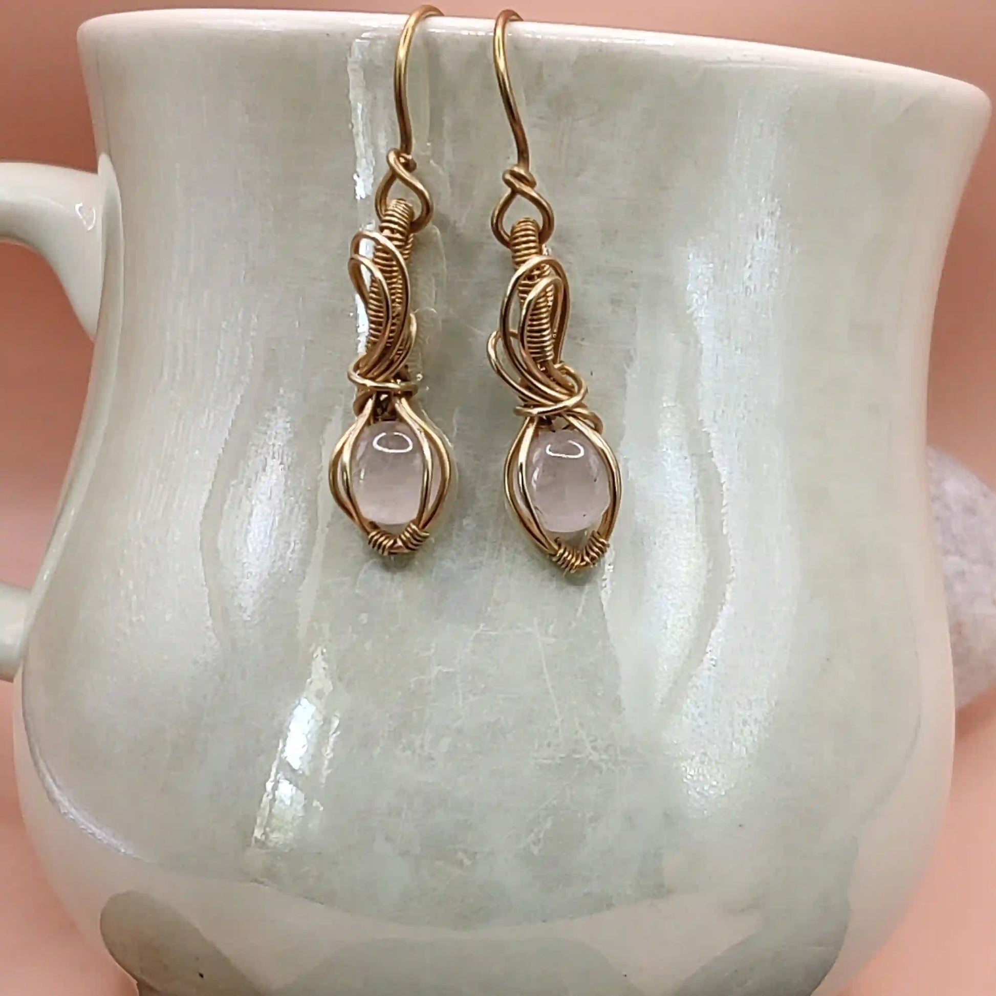 Tanvi - Rose Quartz Earrings in Brass SA8 By Sanguine Aura Handcrafted Jewellery