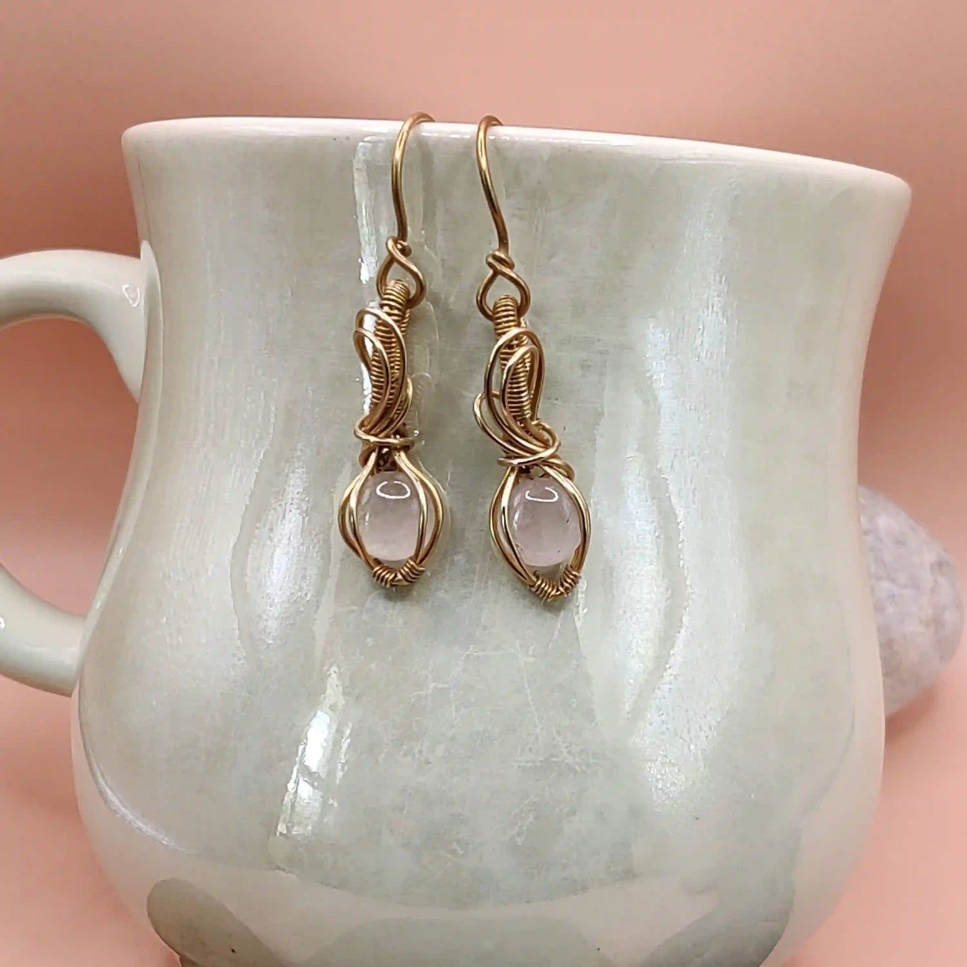 Tanvi - Rose Quartz Earrings in Brass SA9 By Sanguine Aura Handcrafted Jewellery