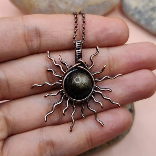 Urja - Golden sheen black obsidian pendant in oxidized copper by sanguine aura handcrafted jewellery, India