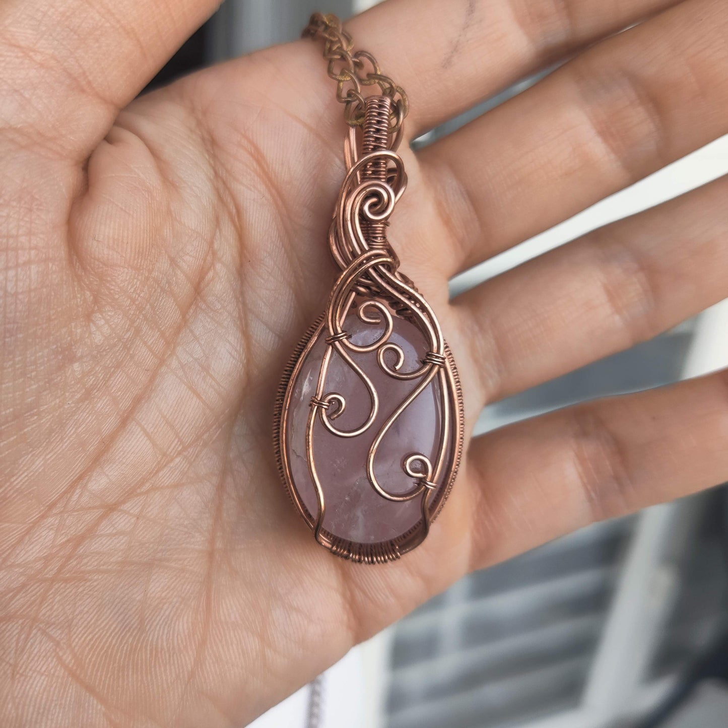 Urvi 004 rose quartz copper necklace, back side, made by sanguine aura handcrafted jewellery