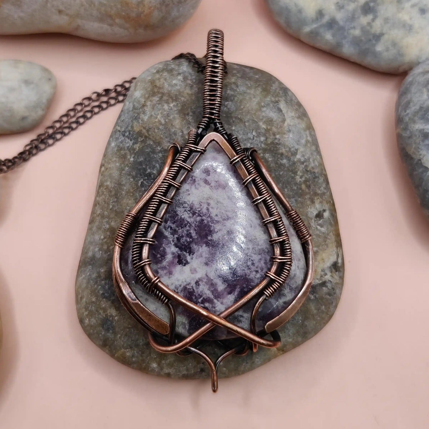 Veena Lepidolite necklace in copper handmade by sanguine aura handcrafted jewellery, pune, India