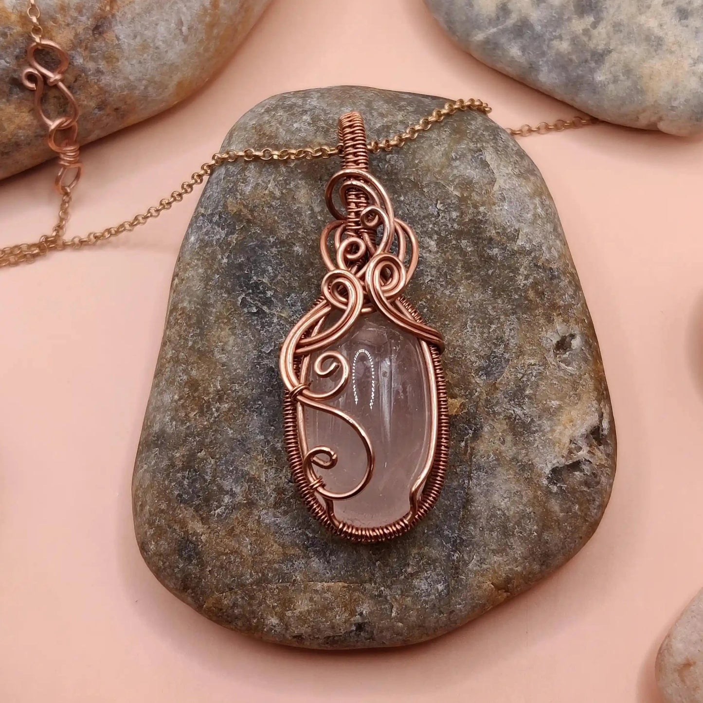 runi 007 rose quartz copper necklace made by sanguine aura handmade crystal jewellery
