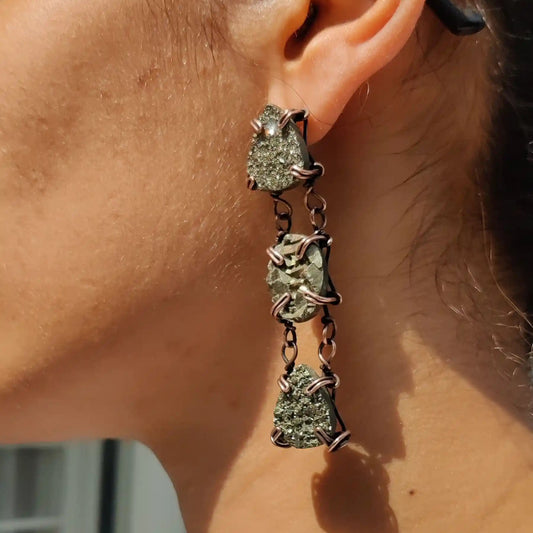 sneh raw pyrite money attraction earrings made by sanguine aura handmade jewellery, India