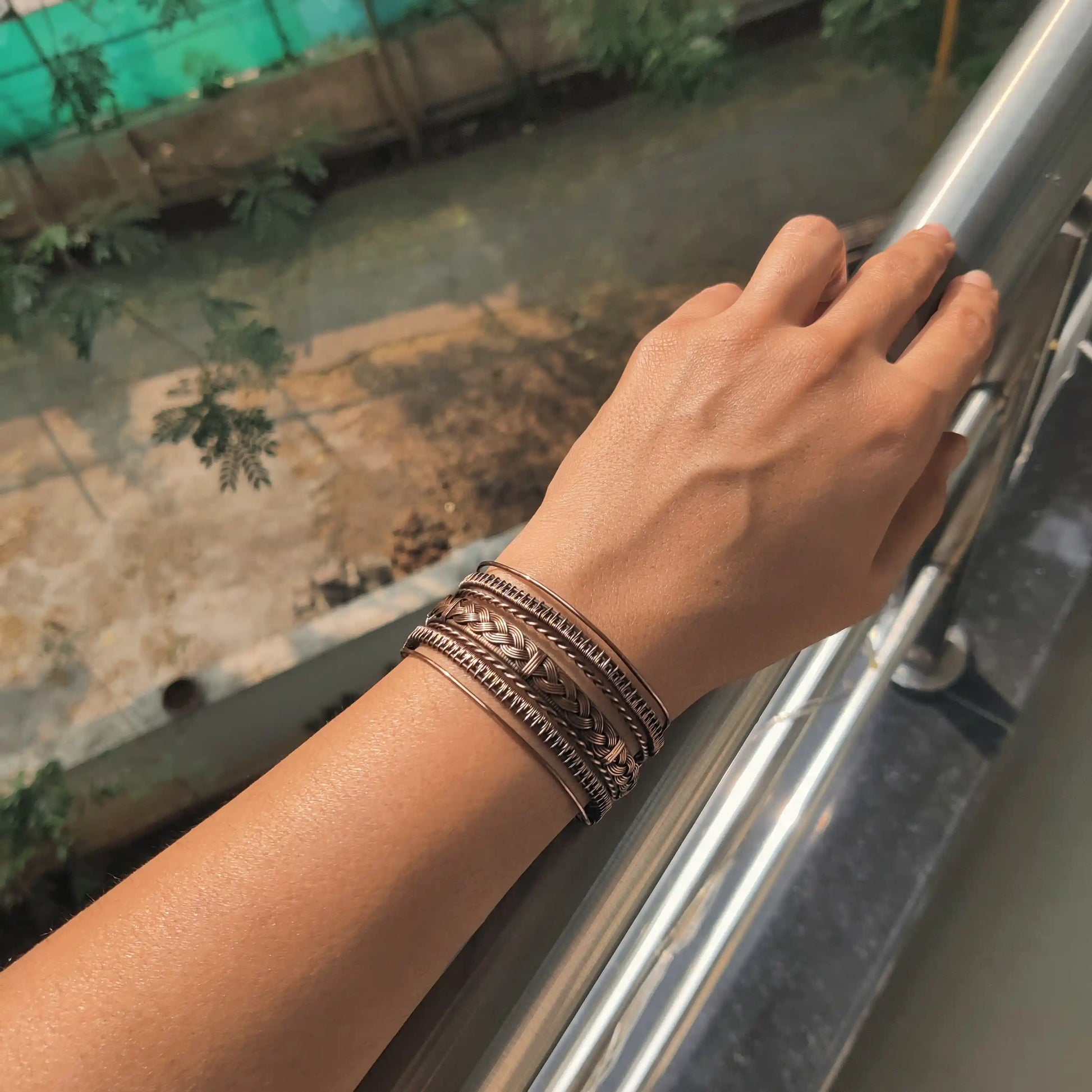 srestha, pure oxidized copper multilayered cuff bracelet handmade with anti-ageing benefits of copper by sanguine aura handcrafted jewellery, pune